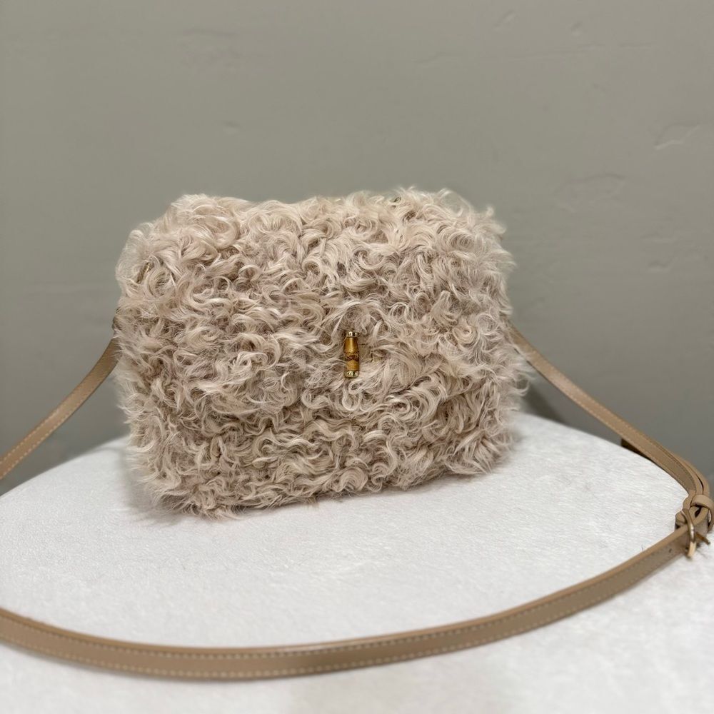 Beige Genuine Curly Shearling Top Handle & Fold Over Flap Purse, Crossbody